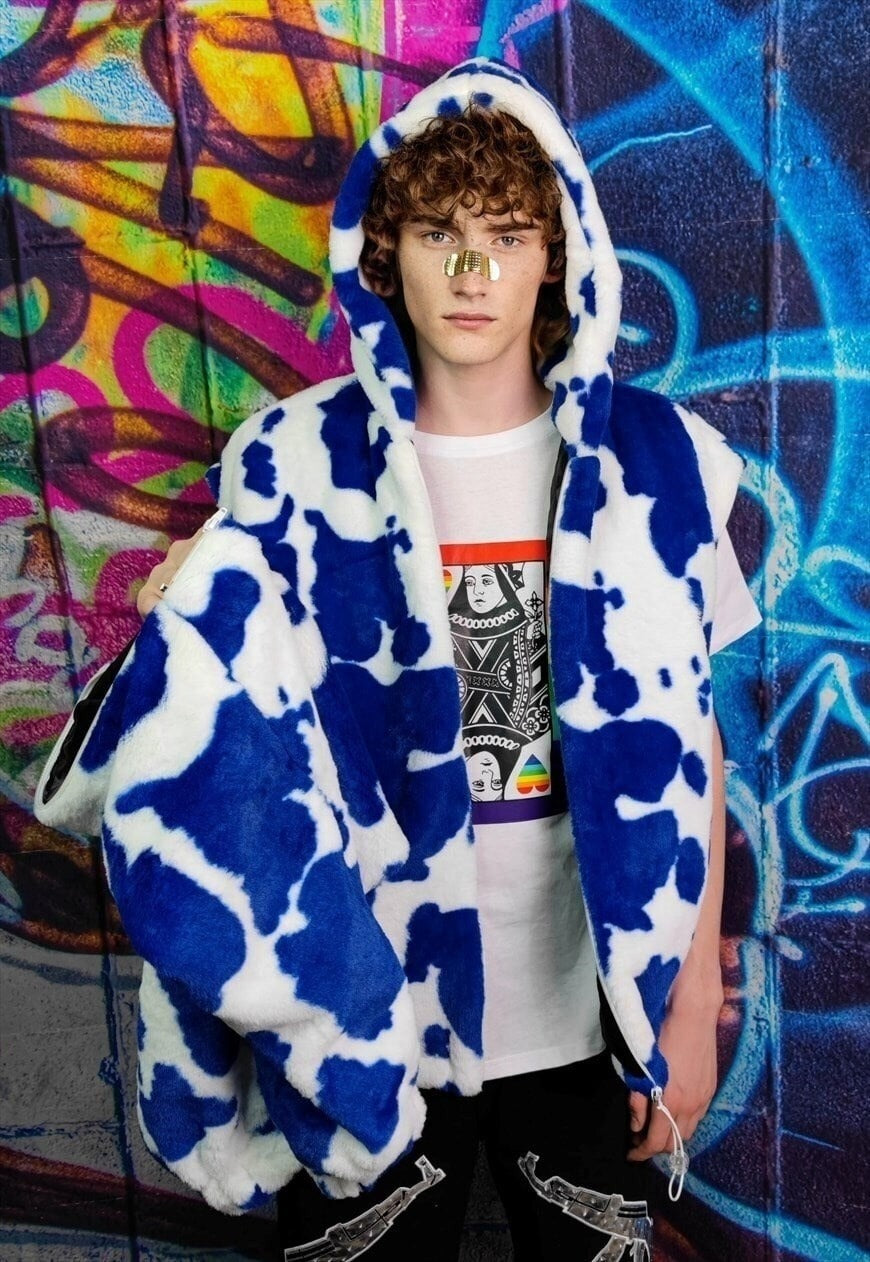 Cow fleece hooded jacket detachable fluffy animal print coat