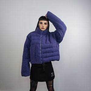 Cropped fleece jacket Asymmetric fluffy bomber box fit geometric coat raised neck aviator jacket quilted pattern short track jacket purple