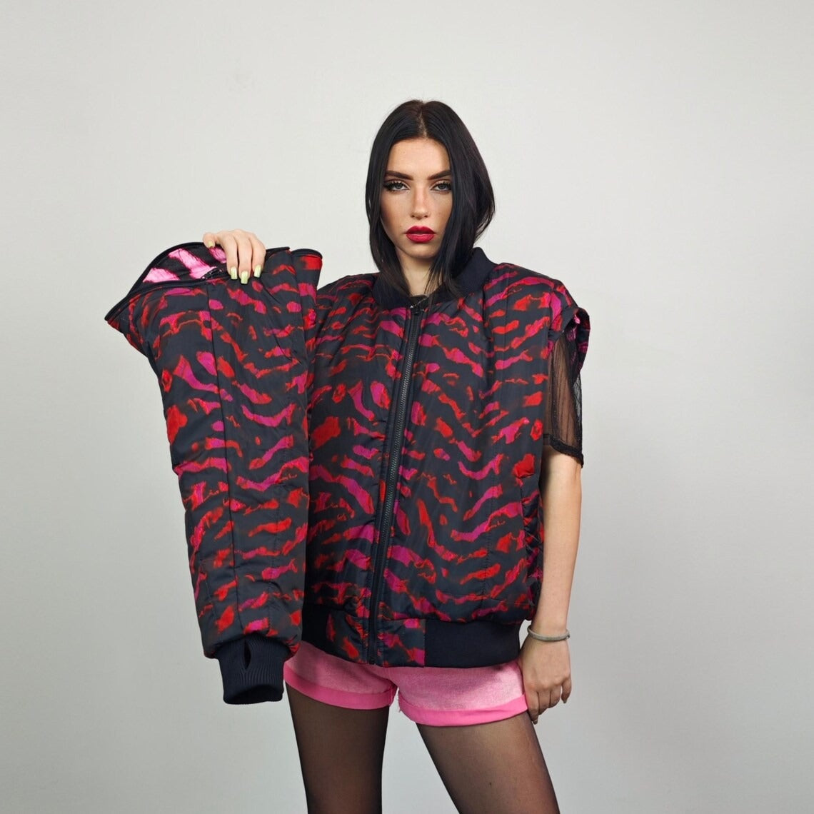 Tiger bomber pink animal print jacket raver reversible college varsity detachable sleeves handmade zebra puffer grunge festival stripe coat