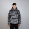 Striped fox fur jacket hooded grey shaggy mink coat fuzzy going out bomber mountain party fleece fancy dress fluffy peacoat rocker overcoat