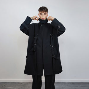 Utility buckle coat grunge bondage jacket strap attachment mac Gothic trench jacket catwalk bomber lapel smart overcoat in black