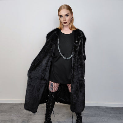 Long faux fur coat handmade fluffy luxury bomber premium fleece jacket detachable sleeve trench in black