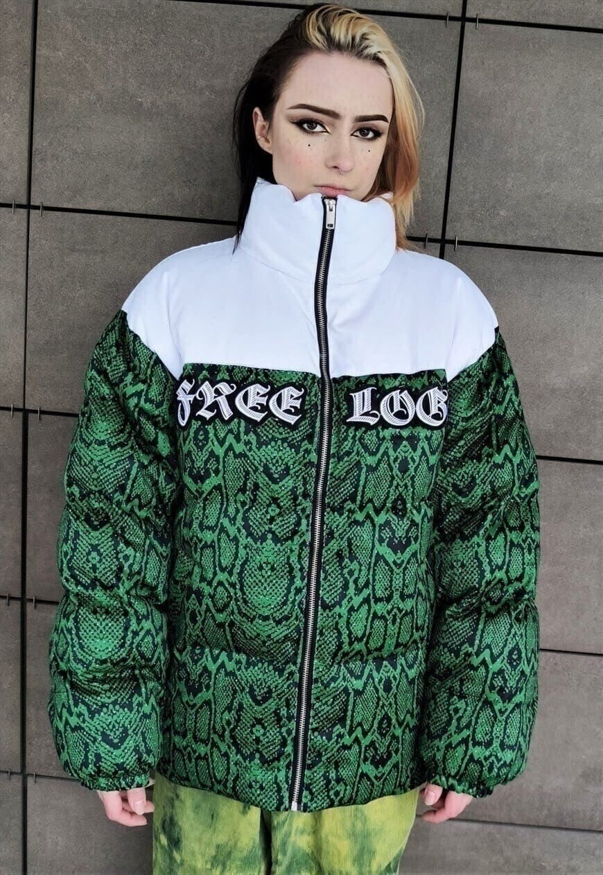 Snake print bomber python puffer rave jacket in green white