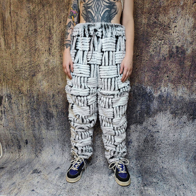 Faux fur joggers luxury detachable pants handmade stripe pattern shorts fluffy check premium overalls in beige black