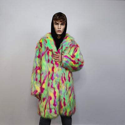 Psychedelic faux fur longline coat shaggy trench bright raver bomber fluffy winter fleece festival jacket neon burning man coat green pink