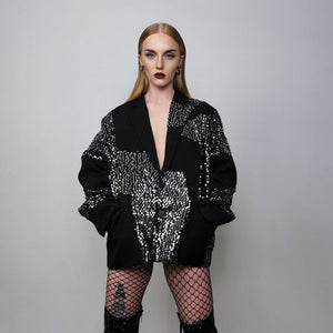 Sequin embellished blazer shiny going out jacket asymmetric pattern glam rocker bomber grunge luminous party catwalk coat in black silver