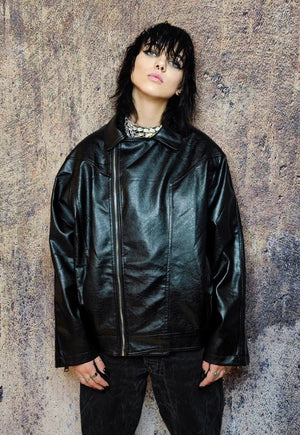 Faux leather biker jack jacket PU retro bomber in black