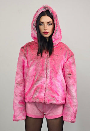 Pink faux fur jacket hooded fluffy bomber fuzzy cropped coat