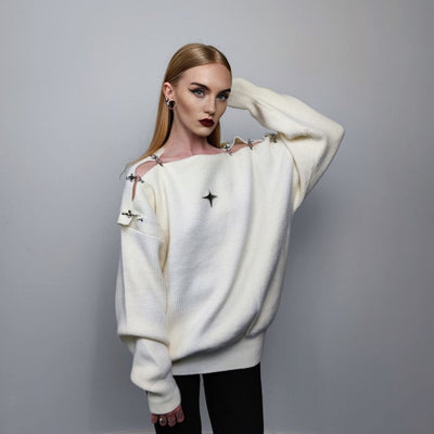 Utility sweater buckle finish jumper gorpcore top cut out shoulder top metal badge knitted pullover cyber punk sweatshirt in off white