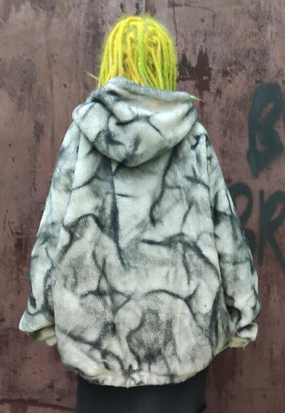 Rough bleach fleece hoodie washed out fake fur jacket grey