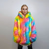 Hooded rainbow fur jacket unicorn bomber neon raver puffer fluffy tie-dye fleece psychedelic festival coat burning man party trench orange