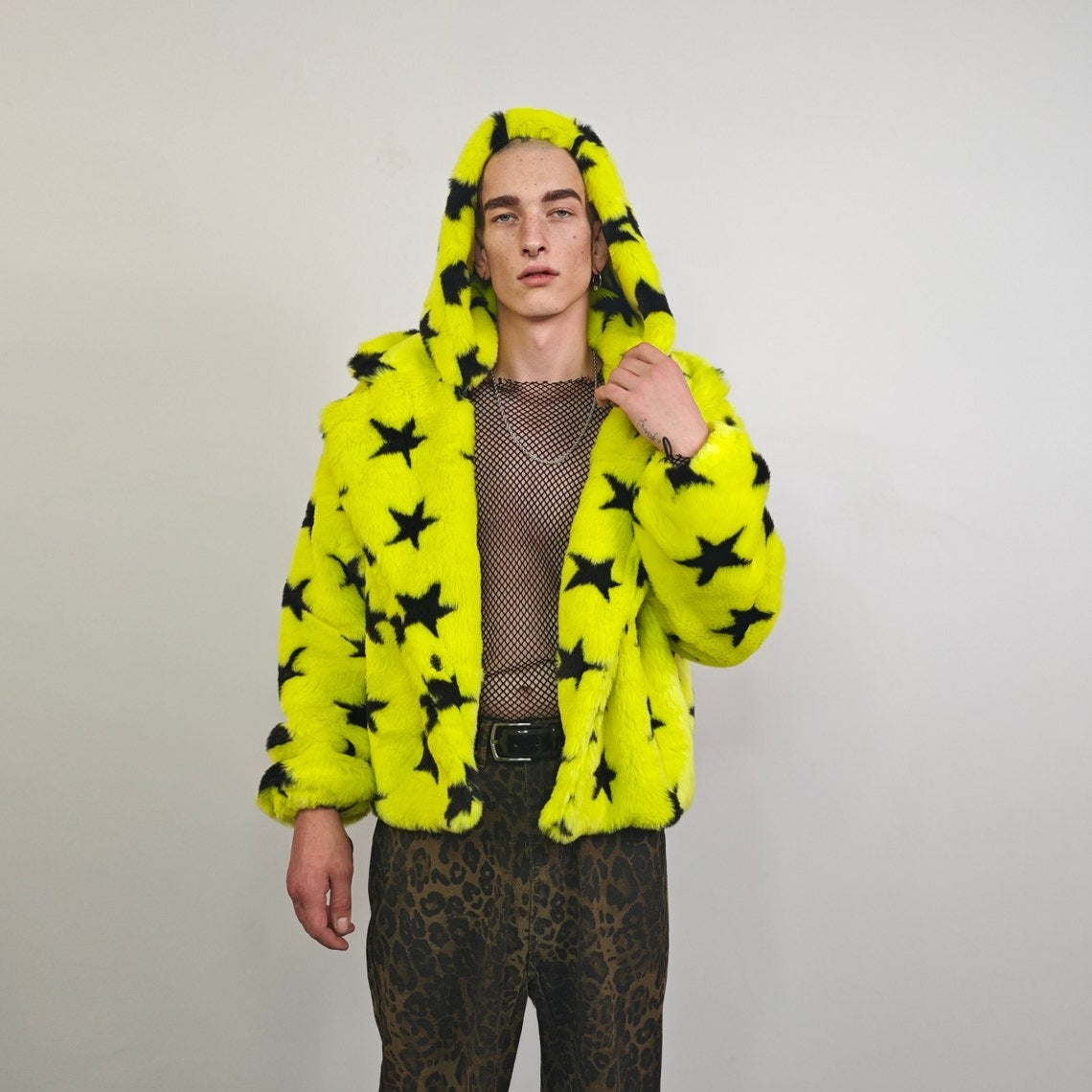 Faux fur skirt yellow star print midi fluffy fleece dress geometric bottoms carnival skirt elasticated waist burning man psychedelic skirt