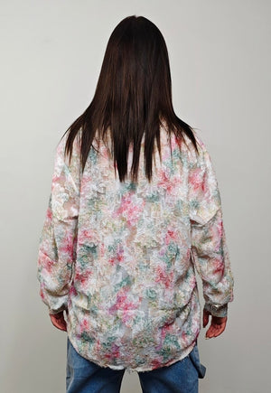 Transparent floral shirt pink fluffy longsleeve sheer blouse