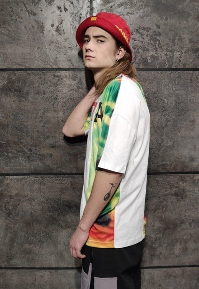 Tie-dye tropical t-shirt stitched acid fluorescent tee white