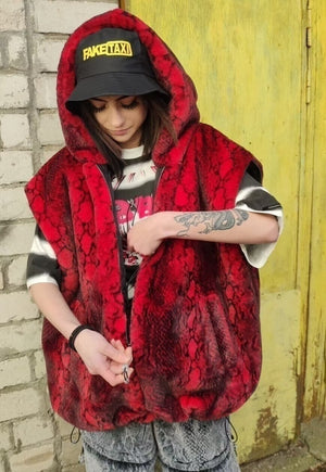 Python fleece Bomber detachable faux fur jacket in red snake