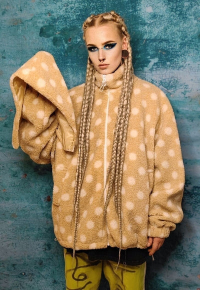 Polka dot fleece hooded jacket handmade retro fluffy coat