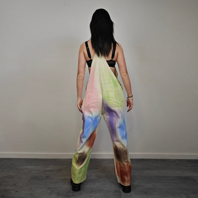 Graffiti painted dungarees rainbow print denim overalls skater rompers retro pattern utility summer playsuit in white