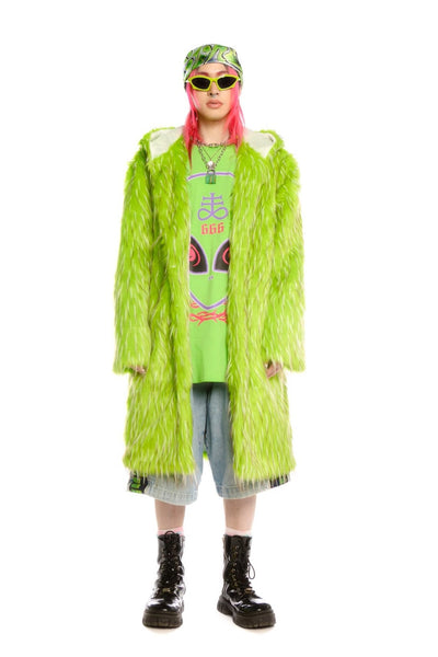 Festival shaggy faux fur longline jacket fluorescent raver bomber fluffy raver coat fleece party bomber neon burning man coat bright green