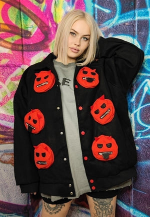 Monster patch bomber utility cargo varsity jacket devil coat