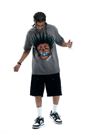 Angry boy t-shirt hunter cartoon tee retro anime top in grey