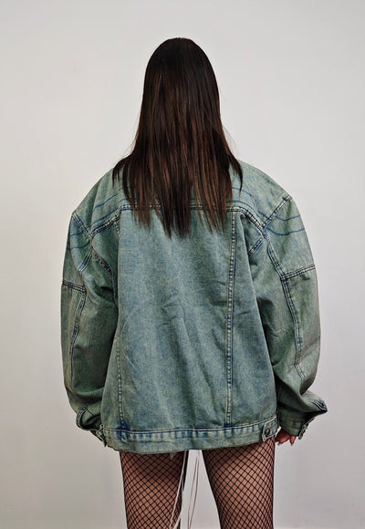 Denim varsity jacket round neck bleached jean college bomber