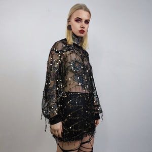 Transparent sequin top embellished mesh sweatshirt sheer blouse grunge catwalk jumper party see-through top festival glitter tee black