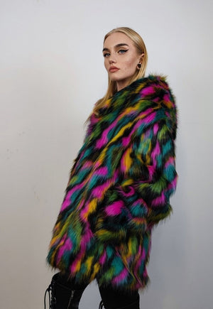 Hooded faux fur stripe neon jacket festival bomber rave coat