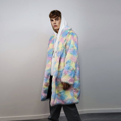 Faux fur long unicorn coat rainbow trench pastel raver bomber fluffy winter tie-dye fleece festival jacket burning man barbie coat pink blue