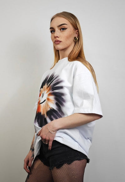 Sun print t-shirt graffiti emoji tee grunge raver top white