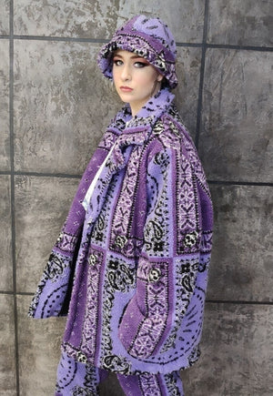 Paisley fleece coat hand made bandanna trench jacket purple