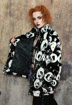 Panda fleece jacket animal print fluffy retro bomber black