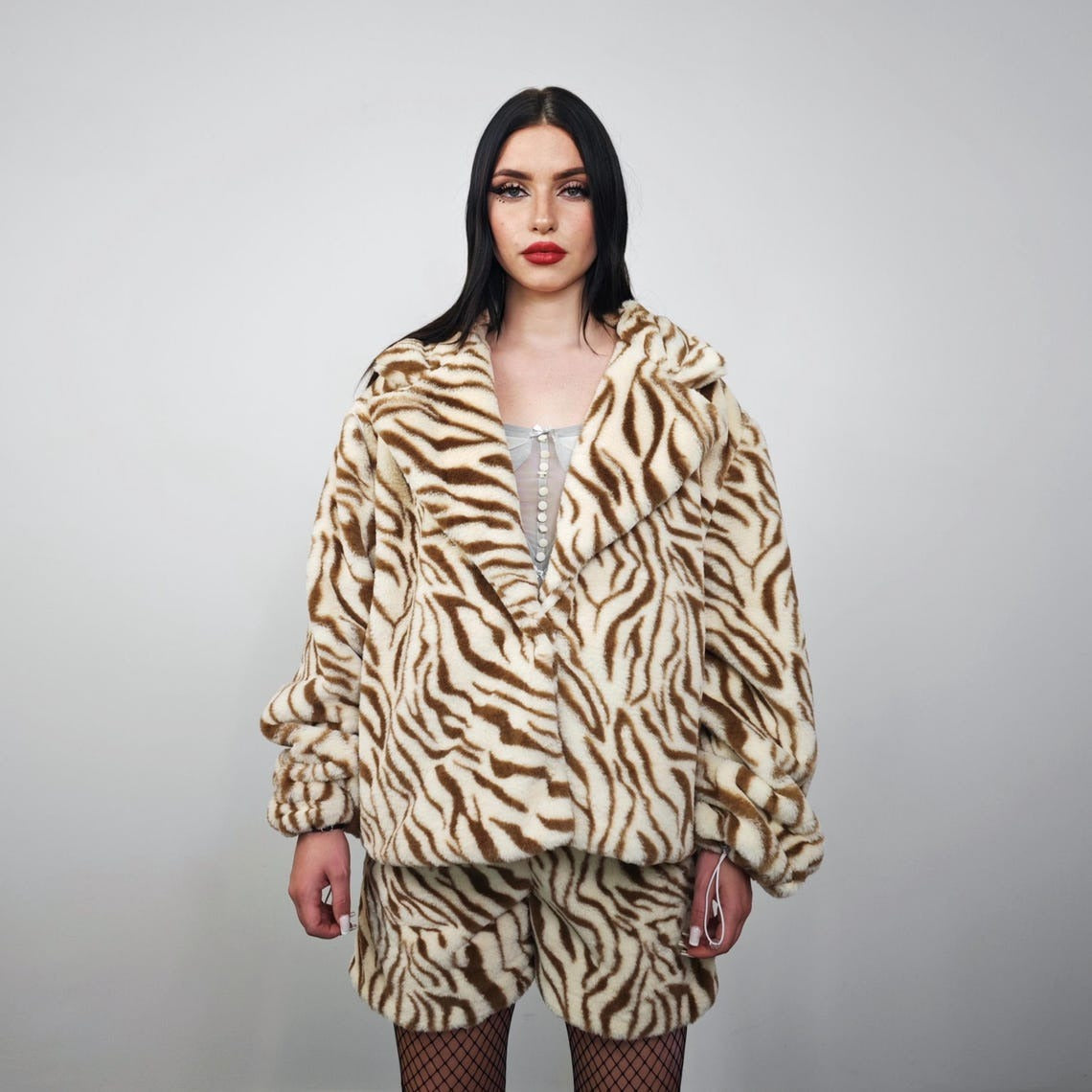 Cropped tiger coat brown short animal print jacket striped trench fauxfur detachable sleeves handmade zebra pattern festival overcoat fleece