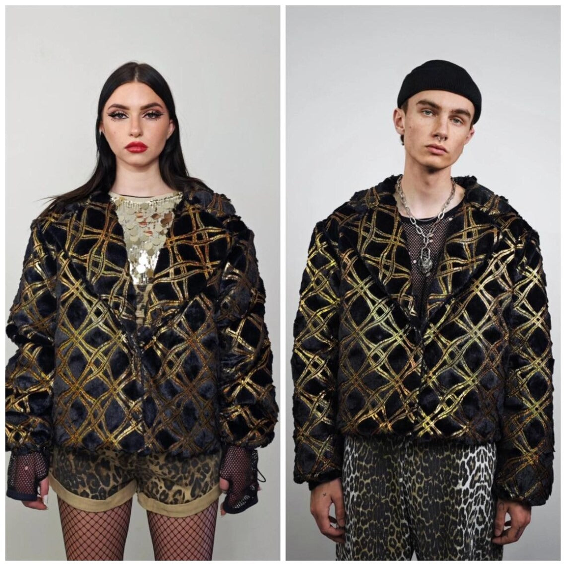 Cropped going out coat purple gold glitter jacket shiny embellished fleece bomber detachable sleeves handmade party trench festival set