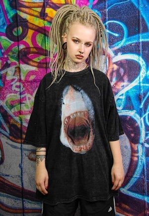 Shark print t-shirt jaw movie tee sea top in vintage black