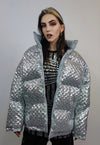 Sequin bomber jacket silver metallic embellished rave puffer