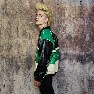 Faux leather racing jacket patchwork motorcycle varsity vintage motor sport jacket F1 letterman bomber premium biker jacket in black green