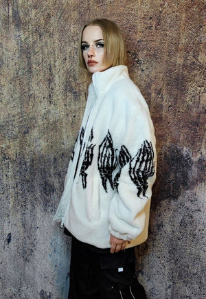 Bones fleece jacket faux fur grunge skeleton bomber in white