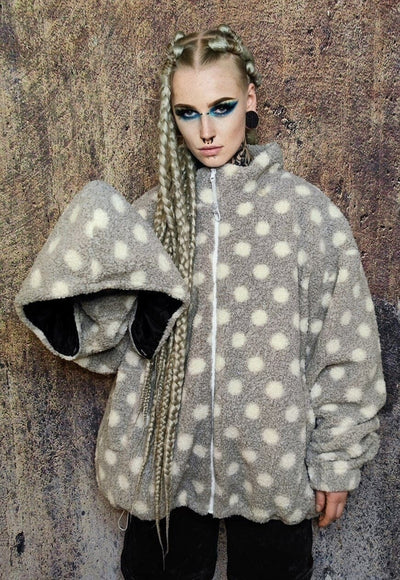 Polka dot fleece hooded jacket handmade retro fluffy coat