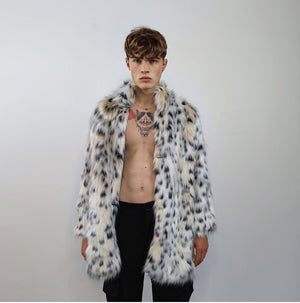 Mid length faux fur jacket fluffy spot print bomber festival leopard varsity aviator fleece coat high fashion cheetah duffle coat off white