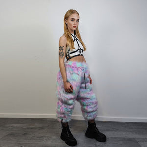 Marshmallow faux fur joggers pastel raver pants fluffy rainbow trousers ski fleece tie-dye overalls festival bottoms burning man pants pink