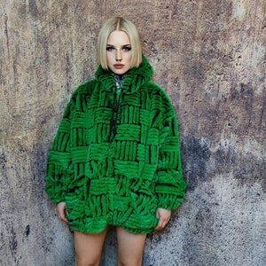 Faux fur luxury jacket handmade premium check fleece jacket fluffy hooded high fashion stripe coat in green back