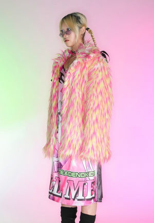 Shaggy faux fur coat pink orange fuzzy aviator raver bomber