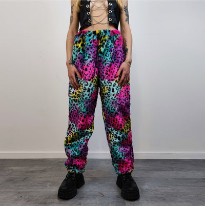 Leopard faux fur joggers winter raver pants fluffy animal print trousers skiing fleece overalls festival bottoms burning man pants pink blue