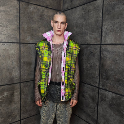 Pink tartan bomber doll print reversible jacket removable sleeves puffer check varsity high neck punk anarchy tracksuit handmade plaid coat