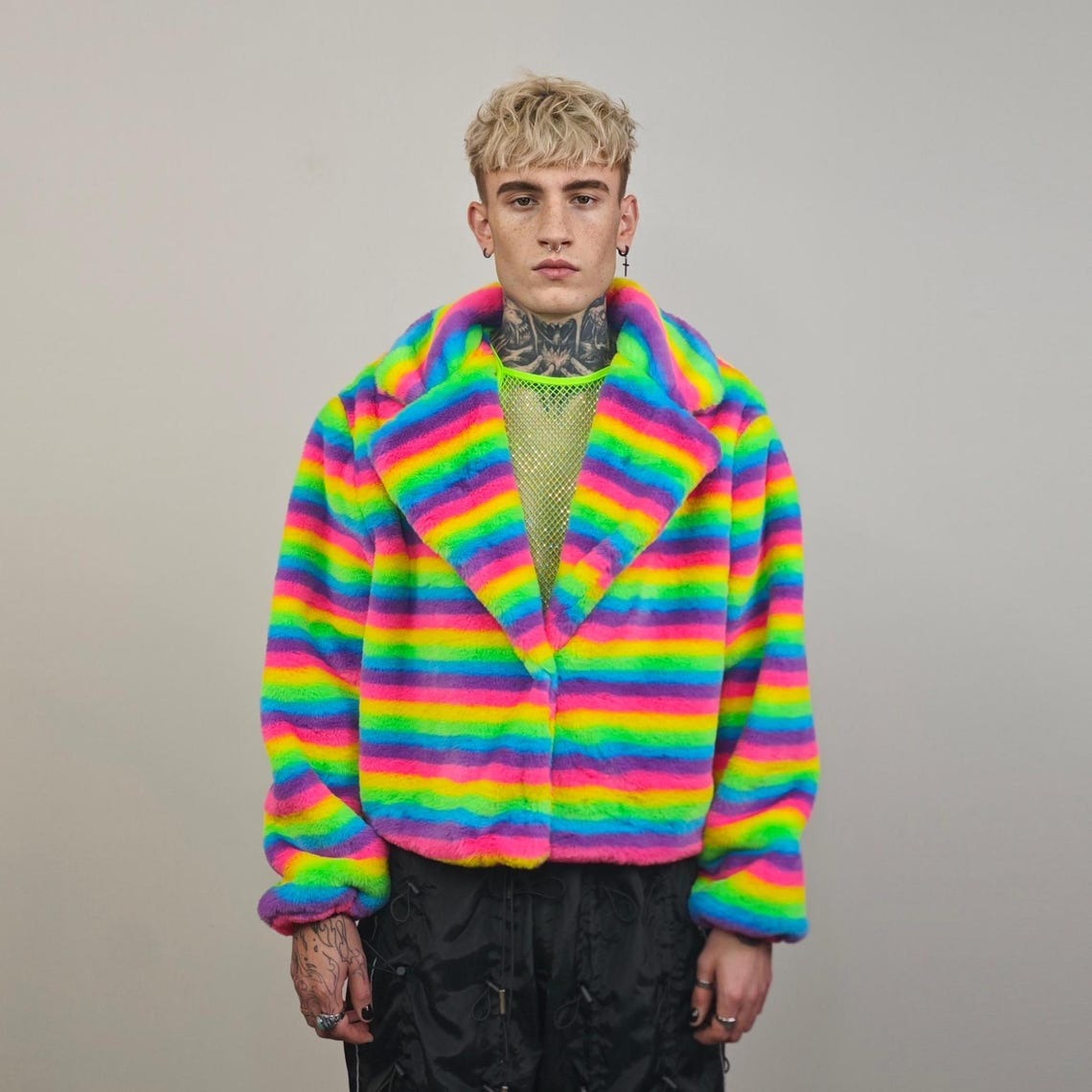Rainbow Shorts unicorn fleece striped gay short LGBT rave bomber glitchy burning man outfit festival overcoat carnival trench
