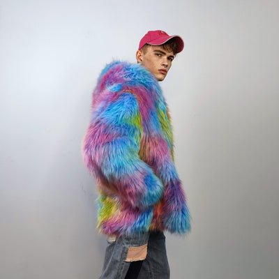 Hooded rainbow faux fur jacket unicorn bomber neon raver puffer fluffy tie-dye fleece psychedelic festival coat burning man going out trench