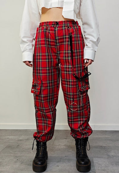 Punk trousers red check tartan pants utility plaid joggers