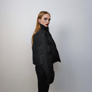 Cropped bomber jacket raised neck puffer quilted high fashion Gothic coat unusual grunge padded textured varsity jacket in black