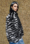 Faux fur stripe jacket retro fluffy fleece zebra bomber grey