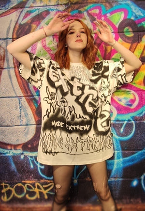 Graffiti print tee Extreme slogan t-shirt paint splatter top